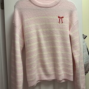 a new day Pink and White Striped Sweater with Red Bow
